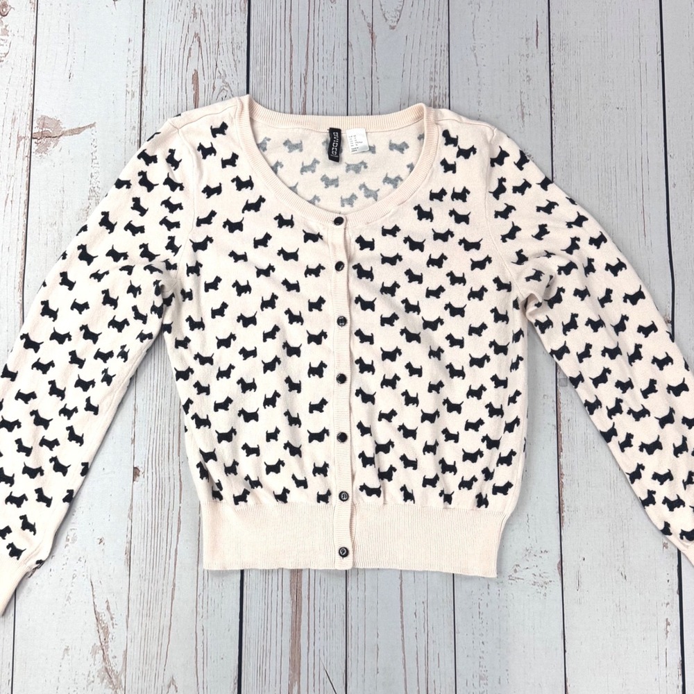 Divided H&M Scottie Dog Cardigan Sweater Cream Black Cotton Size 12 Womens